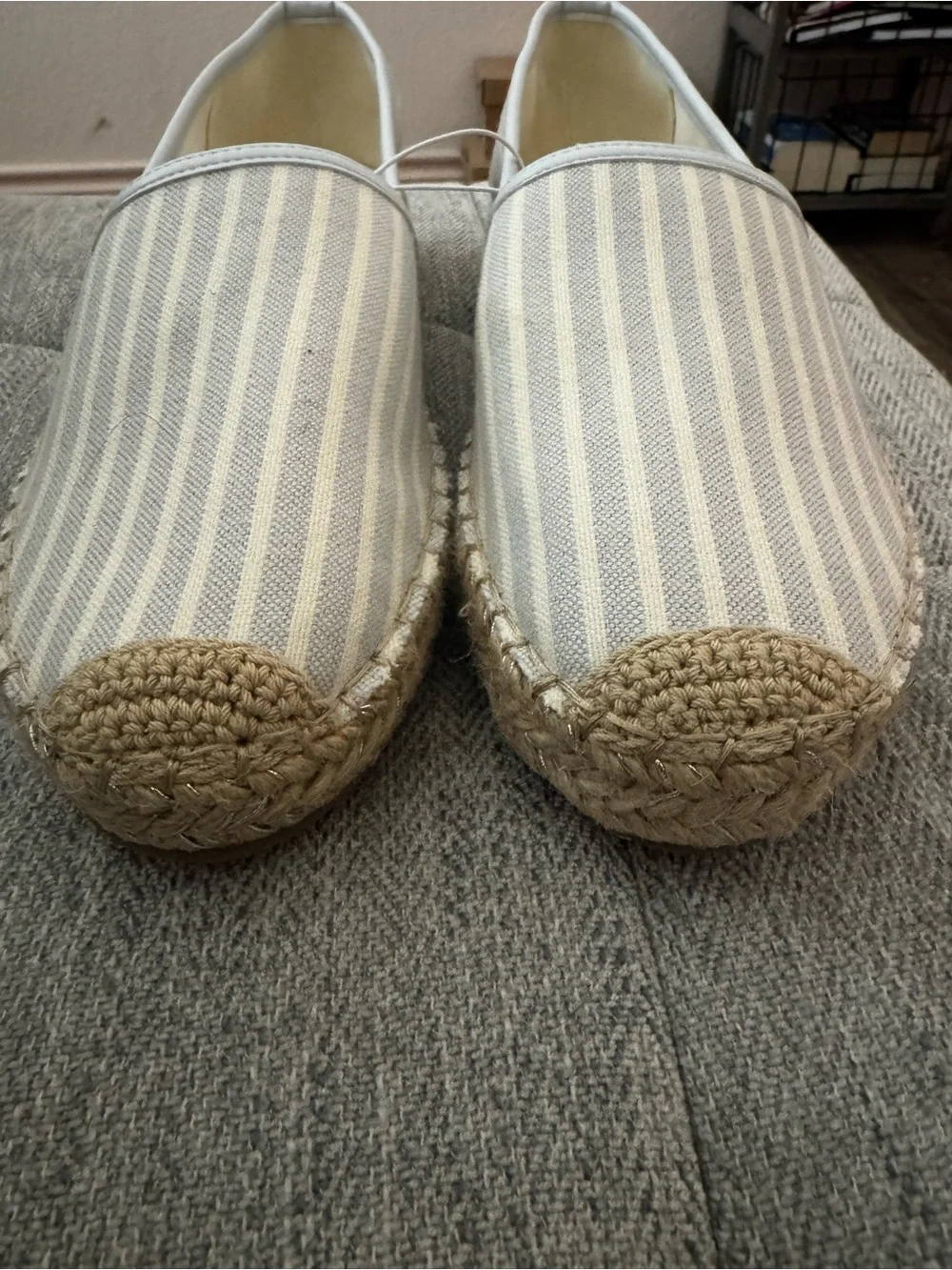 NWOT, Bandolino sparkly blue/ white striped espadrille’s. Size 10.